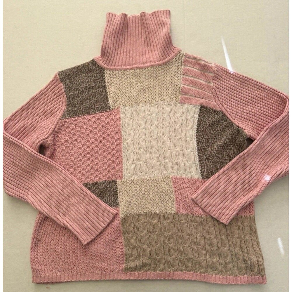 Liz & Co. Vintage Patchwork Sweater Cable-Knit Turtleneck Pink Grandmacore Y2K